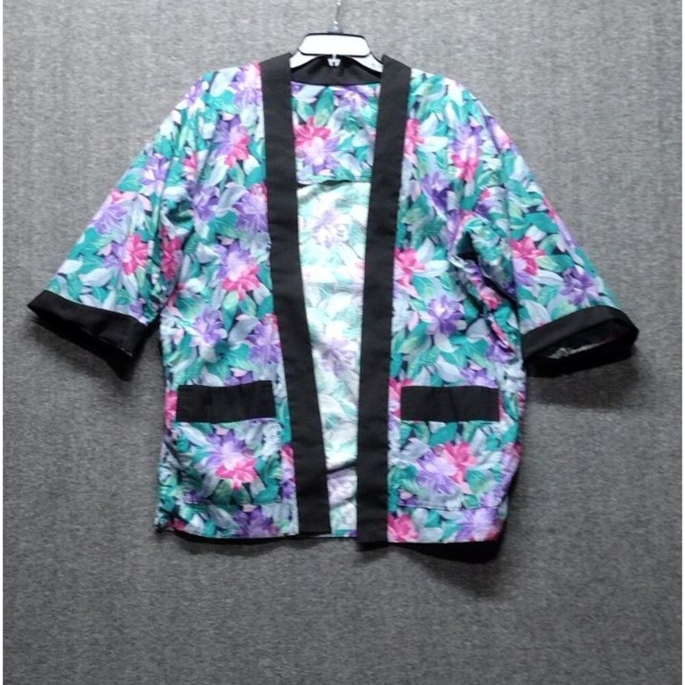 Vintage Womens Large Kimono Floral Pink Purple Handmade Pockets 3/4 Sleeve